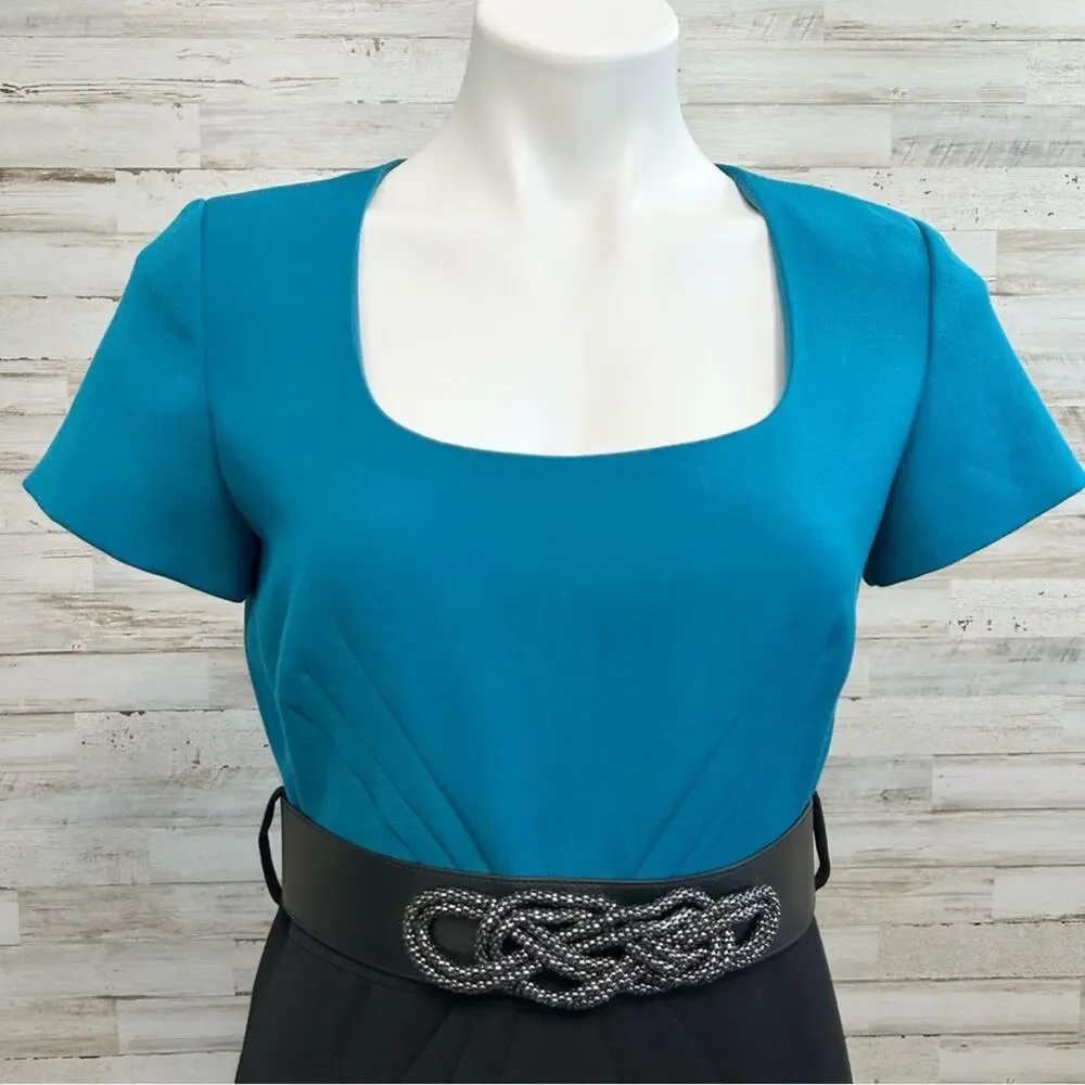 Tahari Arthur S Levine Short Sleeve Belted Dress Size 4 Teal Black Two Tone - Picture 2 of 14
